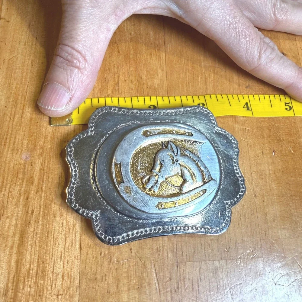 Vintage Horse Head Horseshoe‎ Belt Buckle Two Tone Silver Gold Made in Japan